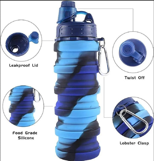 Rainbow Collapsible Silicone Water Bottle with Carabiner Clip