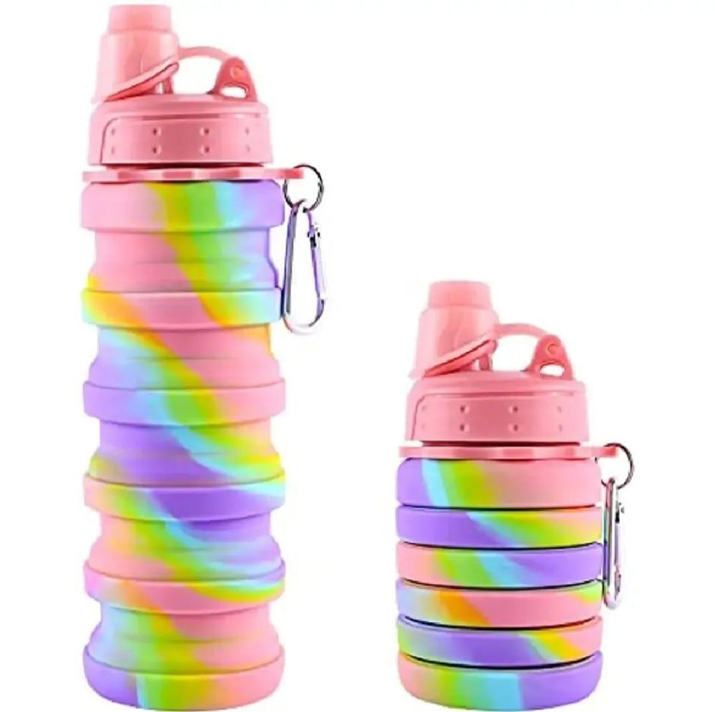 Rainbow Collapsible Silicone Water Bottle with Carabiner Clip