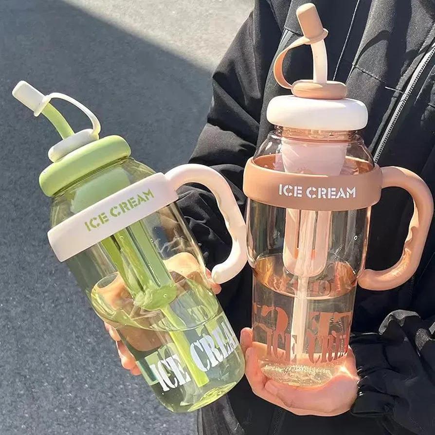 Ice Cream Style Glass Water Bottle with Handle & Straw