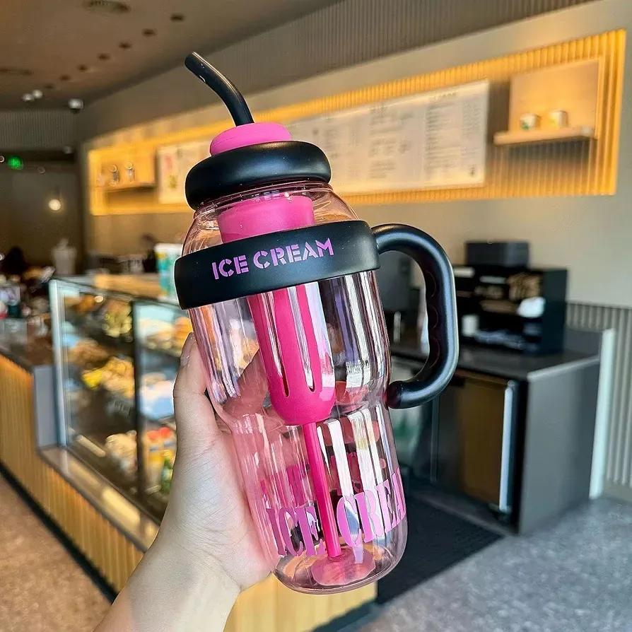 Ice Cream Style Glass Water Bottle with Handle & Straw