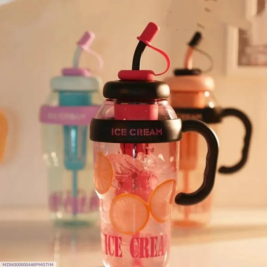 Ice Cream Style Glass Water Bottle with Handle & Straw